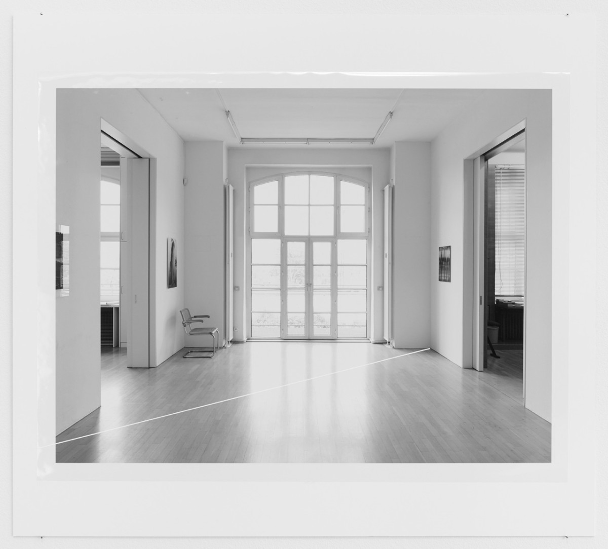 Case Study #1: Notations for Galerie Heiner Friedrich, Koln, 1976 (not executed) by Fred Sandback (2016) - Black and white inkjet print on archival paper mounted on aluminium, acryl on transparency