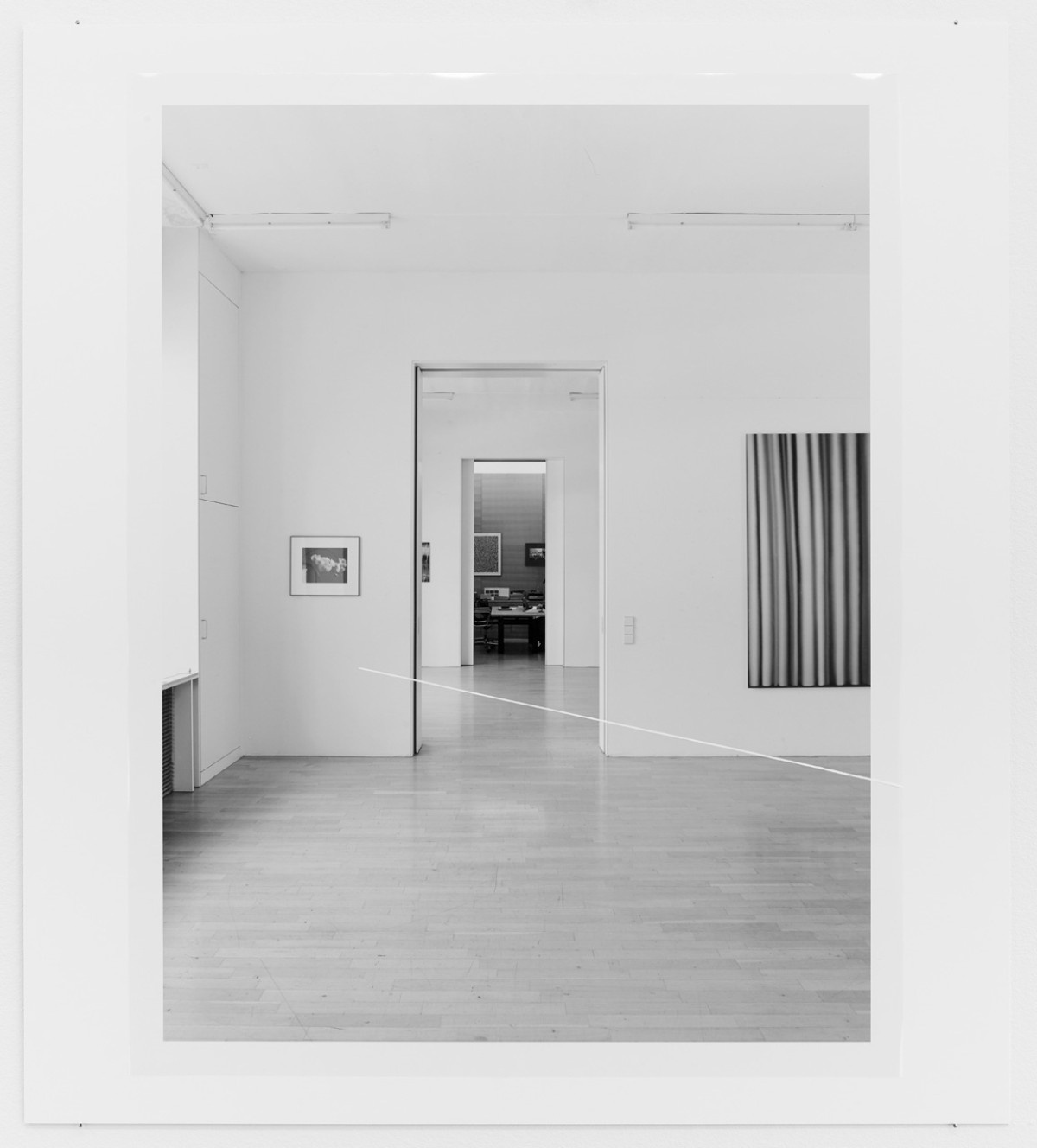 Case Study #1: Notations for Galerie Heiner Friedrich, Koln, 1976 (not executed) by Fred Sandback (2016) - Black and white inkjet print on archival paper mounted on aluminium, acryl on transparency
